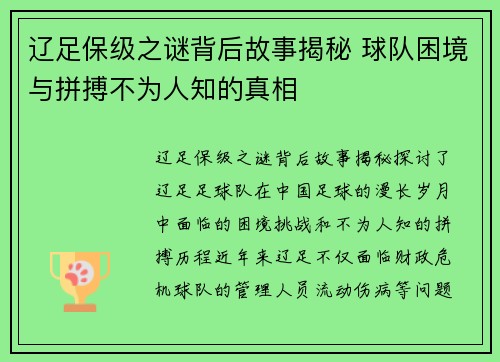 辽足保级之谜背后故事揭秘 球队困境与拼搏不为人知的真相